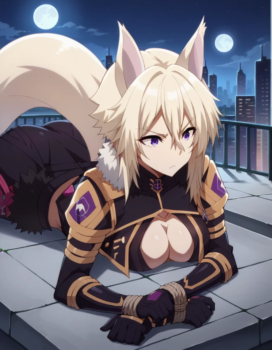 score_9, score_8_superior, score_7_superior, sauce_anime,
shadowZeta, Zeta, Animal ears, Purple eyes, Blonde,
gloves, Cleavage, tail, black gloves, Clothing cutouts, Cleavage cutout,
Outdoor, Cityscape, night, moon,Tied up with rope,Lying down,Struggling,