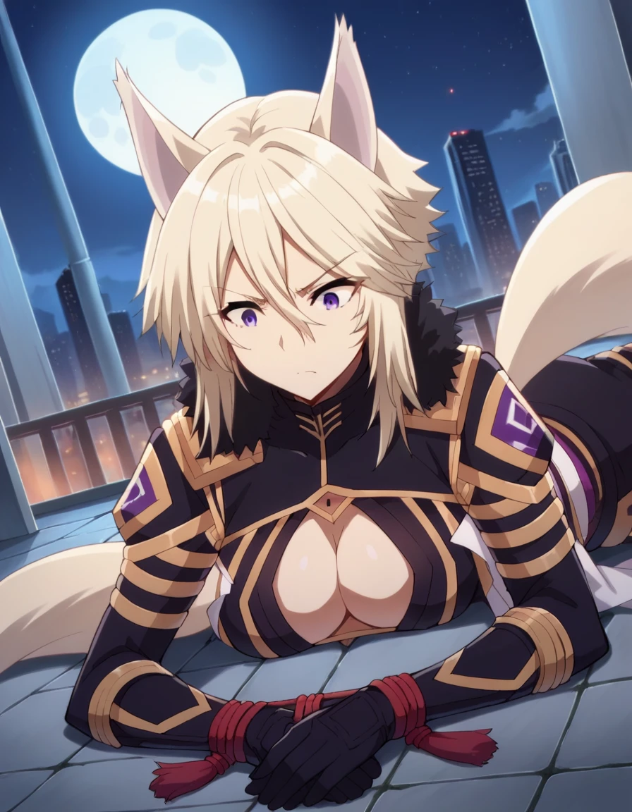 score_9, score_8_superior, score_7_superior, sauce_anime,
shadowZeta, Zeta, Animal ears, Purple eyes, Blonde,
gloves, Cleavage, tail, black gloves, Clothing cutouts, Cleavage cutout,
Outdoor, Cityscape, night, moon,Tied up with rope,Lying down,Struggling,