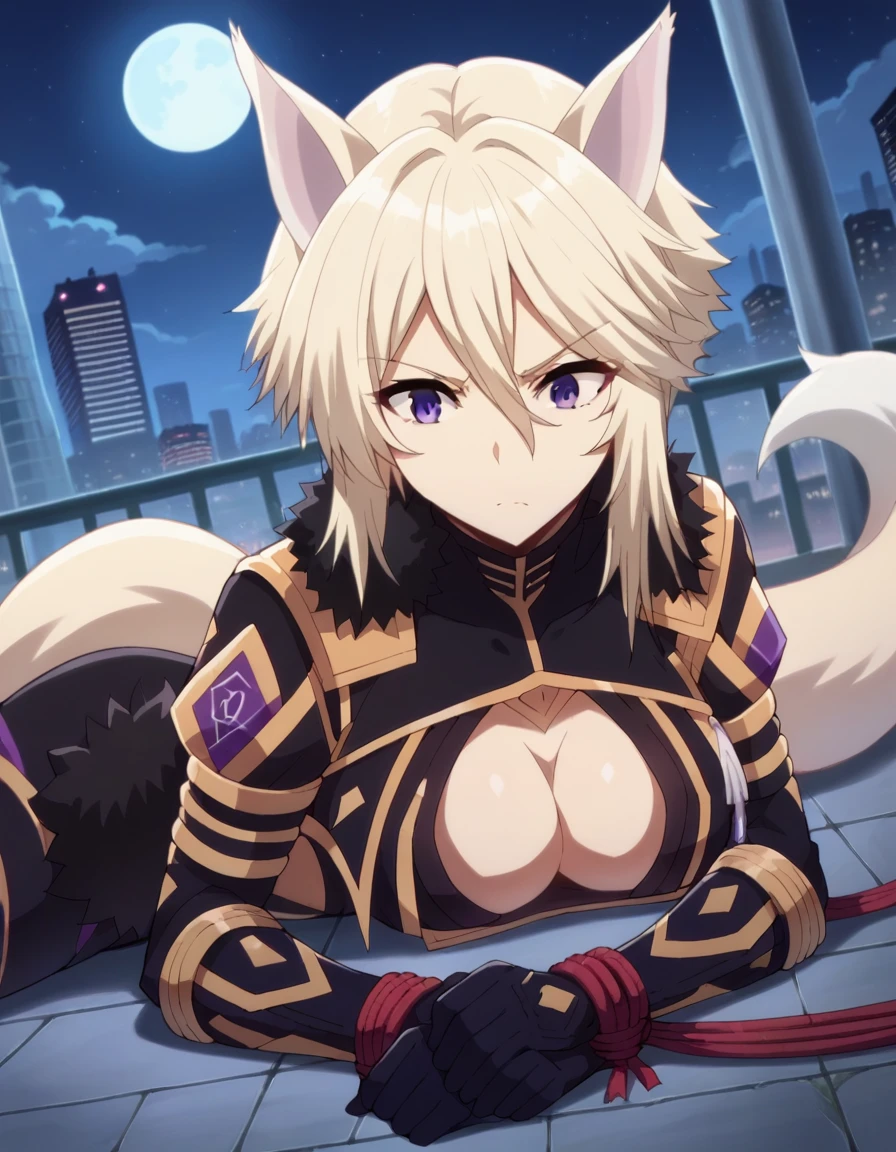 score_9, score_8_superior, score_7_superior, sauce_anime,
shadowZeta, Zeta, Animal ears, Purple eyes, Blonde,
gloves, Cleavage, tail, black gloves, Clothing cutouts, Cleavage cutout,
Outdoor, Cityscape, night, moon,Tied up with rope,Lying down,Struggling,