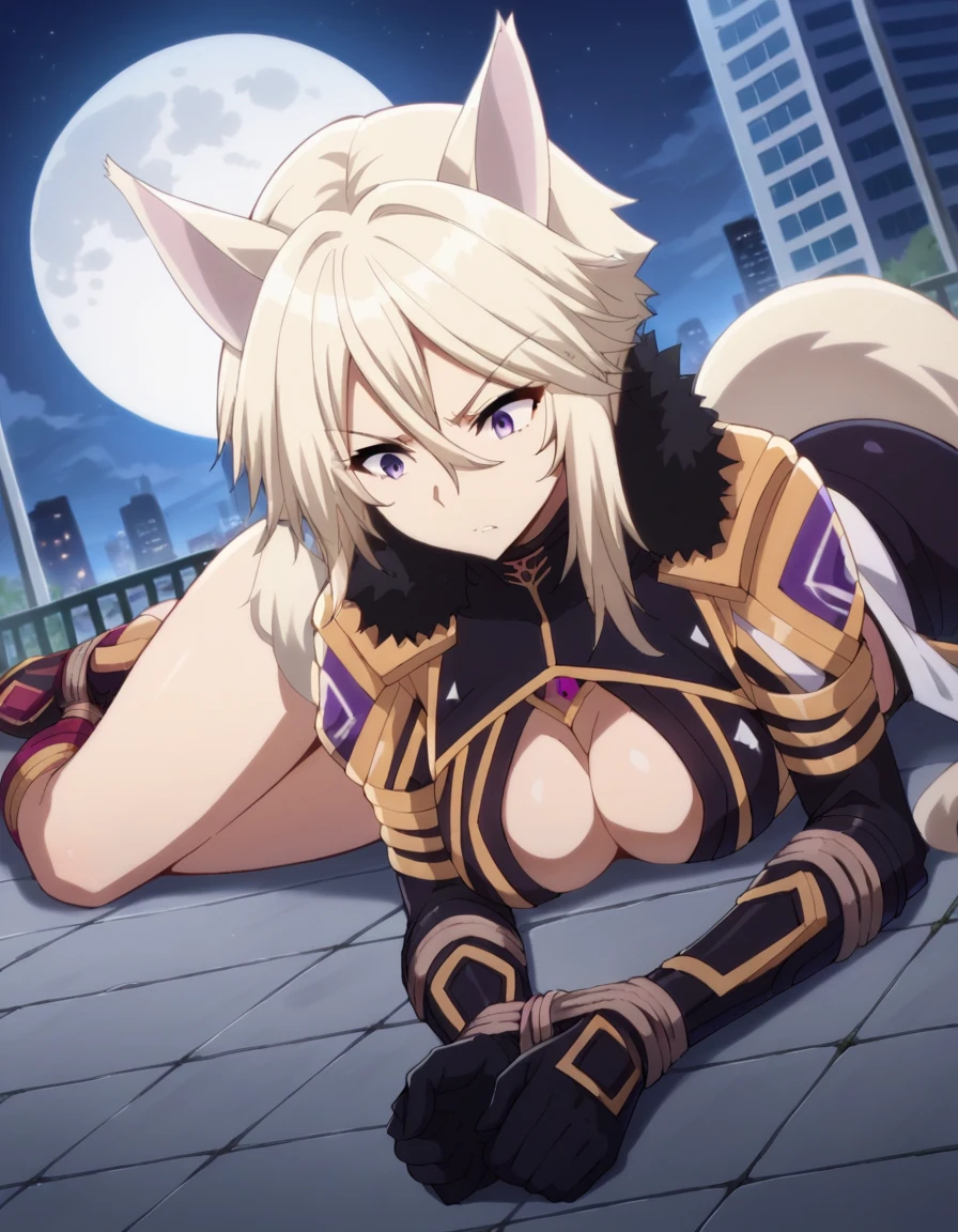 score_9, score_8_superior, score_7_superior, sauce_anime,
shadowZeta, Zeta, Animal ears, Purple eyes, Blonde,
gloves, Cleavage, tail, black gloves, Clothing cutouts, Cleavage cutout,
Outdoor, Cityscape, night, moon,Tied up with rope,Lying down,Struggling,