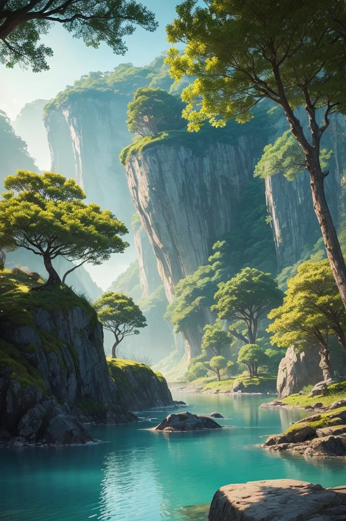 a picturesque landscape, with flowing winds and blows of air, surrounded by vibrant, warm colors. (best qualityer, realisitic), highy detailed, anime-style art with smooth lines and intricate shading. A serene atmosphere with a touch of magical aura in the background, symbolizing aang's connection to the elements. O macio, diffused lighting accentuating the tranquil setting and highlighting the natural beauty. A perfect balance of green landscapes, clear sky, and breathtaking landscapes, transporting us to the world of Avatar, showing the floor