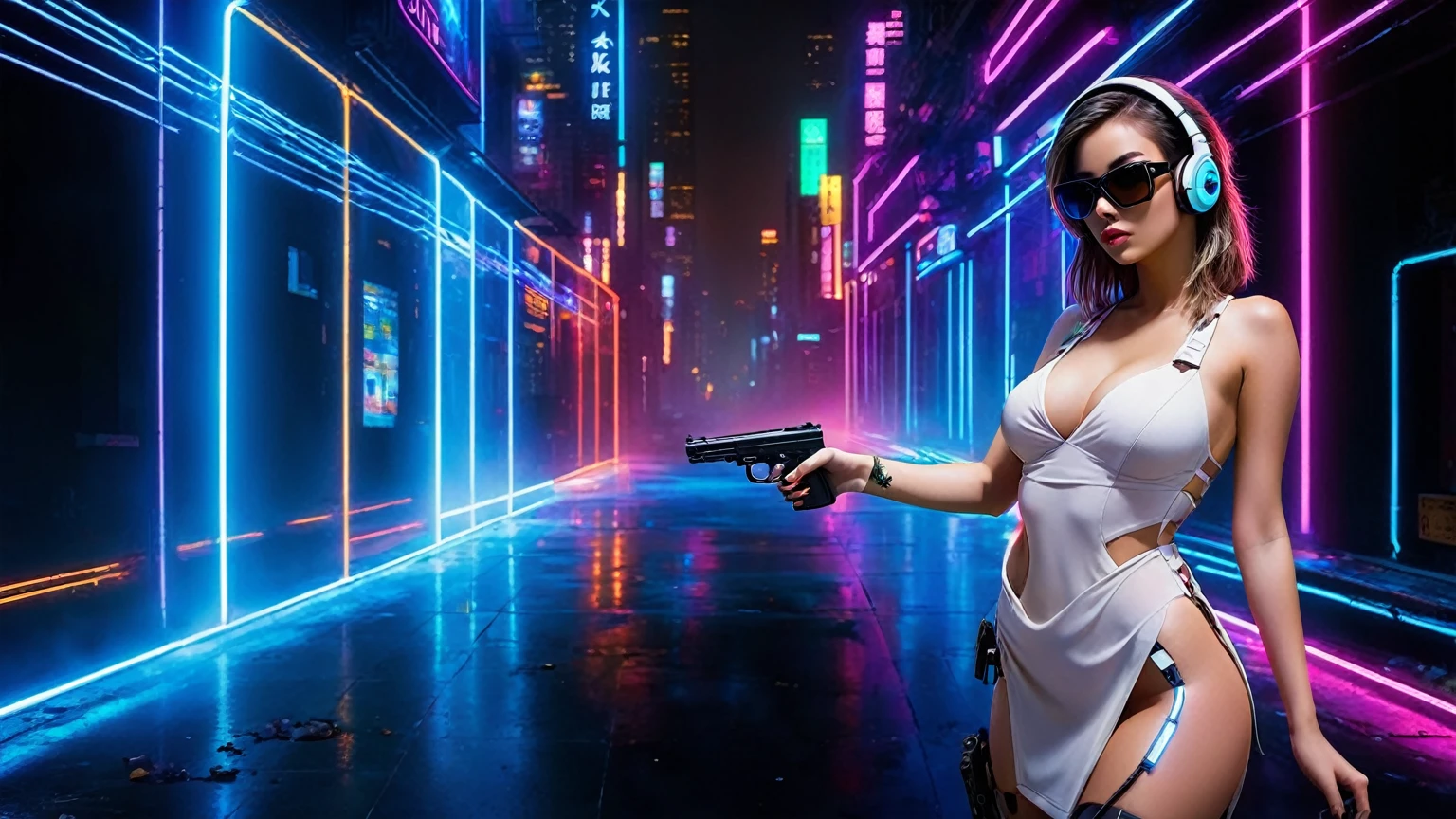 dark futuristic landscape, at night, neon lights, Atmospheric fog, large buildings in the background, futuristic city, streets with open shops, skyscraper (postapocalyptic city:1.3). (((1girl, solo, alone))), large-breast:1.2 slim body, cleavage:1.1, sexy miniskirt, (((headphone, black sunglasses, standing and holding pistol pose))), (((half-body thigh level medium shot))), cinematic lighting, lens flare, ray tracing.