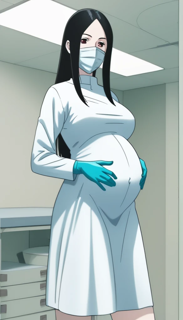 score_9, score_8_up, score_7_up, source_anime, raw image, masterpiece, highest quality, kasuganoray, pale skin, she narrowed her eyes, her eyes were filled with a high level of lust, looking_at_viewer, long black hair, big breasts, scrubs, surgical mask, bouffant cap, long sleeve maternity dress, put on another long sleeved coat, seamless, navel head, the dress isn't wrinkled, tight fitting, long white stockings,
1girl, pregnant, solo, sexy, long rubber gloves, looking down, look at viewer, furrowed brow, hospital bed, light shines from the ceiling, standing, patient room background, she has a high sex drive, she is inquiring about the patient's condition