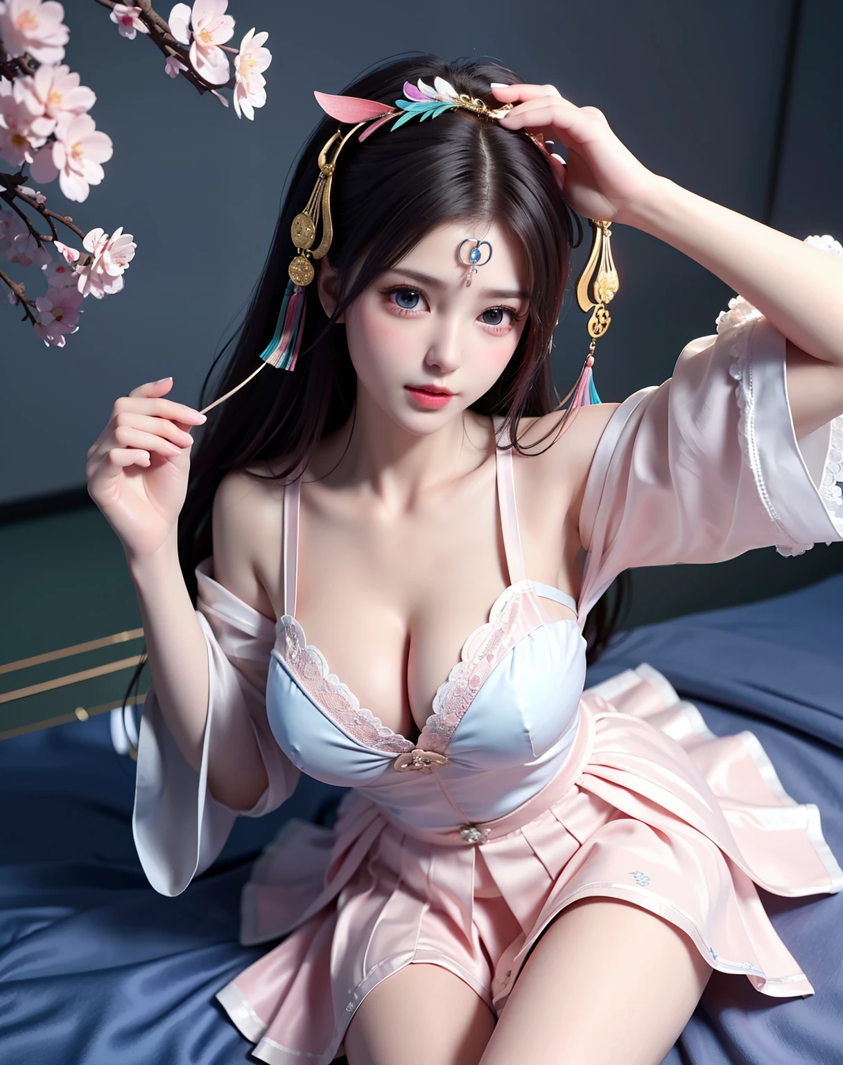 (8k, RAW photo:1.2), best quality, ultra high res,dramatic angle,(fluttered detailed color splashs), (illustration),(((1 girl))),(long hair),(rain:0.9), (Headdress:1.4),There is an ancient palace beside the girl,Hanfu,(Key Points),Color ink painting,(Splash of Color),Splash of Color,(((colorful))),(sketch:0.8) , Masterpiece, best quality, beautiful painted, highly detailed,(denoising:0.6),[splash ink],((ink refraction)), (beautiful detailed sky),moon,highly,detaild,(masterpiece, best quality, extremely detailed） CG Unity 8k Wallpaper，masterpiece，best quality，Ultra Detailed），（Lycoris）.shoulder ballet dress open V-chested clothes Thin silk lace dress short skirt , (huge ，cleavage),, white pink, blue ，best qualtiy，tmasterpiece，Ultra-high resolution，（Reality：1.4），RAW photogr，（True skin texture：1.3），（filmgrain：1.3），（Selfie angle），1个Giant Breast Girl，Beautiful eye and face details，tmasterpiece，Best quality at best，，The chest more exposed， detailed hair, bra pink , detail 8k, full body, lace petticoat. lying on bed