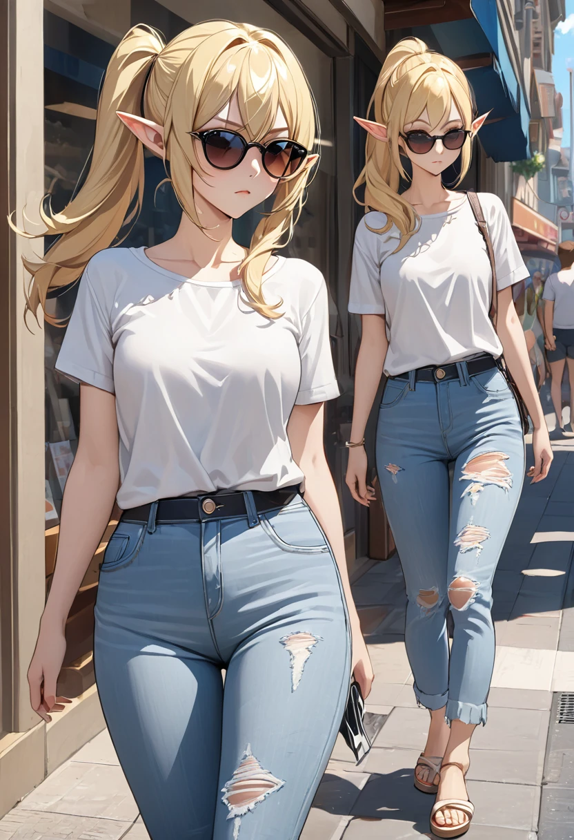 blonde hair, side ponytail, sunglasses, pointy ears, anime style, masterpiece, accurate, textured skin, high quality, best quality, highres, high details, super detail, elf, Casual clothing, summer clothes, walking on the street, A woman wearing damaged jeans, Window Shopping