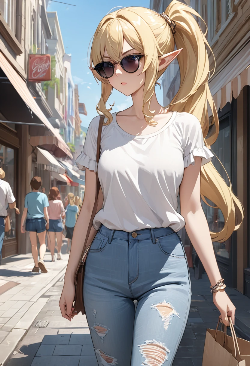 blonde hair, side ponytail, sunglasses, pointy ears, anime style, masterpiece, accurate, textured skin, high quality, best quality, highres, high details, super detail, elf, Casual clothing, summer clothes, walking on the street, A woman wearing damaged jeans, Window Shopping