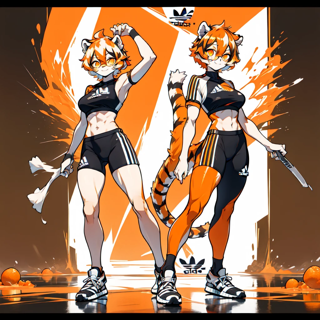 white background, full body, ((furry female:1.2)), Standing, animal ears, white hair, black hair, short hair, large breasts, muscle, tail, orange eyes, orange hair, multicolored hair, tiger girl, hair between eyes, tiger_ears, tiger_tail, orange-tinted_eyewear, tinted_eyewear, big breasts, evil smile, Shadows under feet, Abdominal muscles, (((Adidas outfit:1.2))),jk
