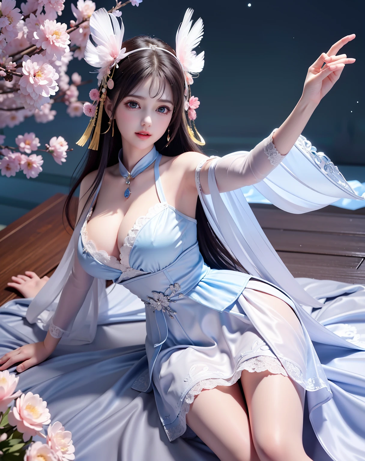 (8k, RAW photo:1.2), best quality, ultra high res,dramatic angle,(fluttered detailed color splashs), (illustration),(((1 girl))),(long hair),(rain:0.9), (Headdress:1.4),There is an ancient palace beside the girl,Hanfu,(Key Points),Color ink painting,(Splash of Color),Splash of Color,(((colorful))),(sketch:0.8) , Masterpiece, best quality, beautiful painted, highly detailed,(denoising:0.6),[splash ink],((ink refraction)), (beautiful detailed sky),moon,highly,detaild,(masterpiece, best quality, extremely detailed） CG Unity 8k Wallpaper，masterpiece，best quality，Ultra Detailed），（Lycoris）.shoulder ballet dress open V-chested clothes Thin silk lace dress short skirt , (huge ，cleavage),, white pink, blue ，best qualtiy，tmasterpiece，Ultra-high resolution，（Reality：1.4），RAW photogr，（True skin texture：1.3），（filmgrain：1.3），（Selfie angle），1个Giant Breast Girl，Beautiful eye and face details，tmasterpiece，Best quality at best，，The chest more exposed， detailed hair, bra pink , detail 8k, full body, lace petticoat. lying on bed