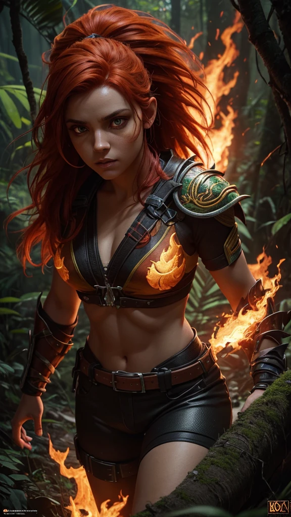a small and agile curupira entity with fiery hair, bright eyes, and backwards feet, protecting the brazilian forest, detailed portrait, photorealistic, octane render, cinematic lighting, vivid colors, fantasy art, concept art