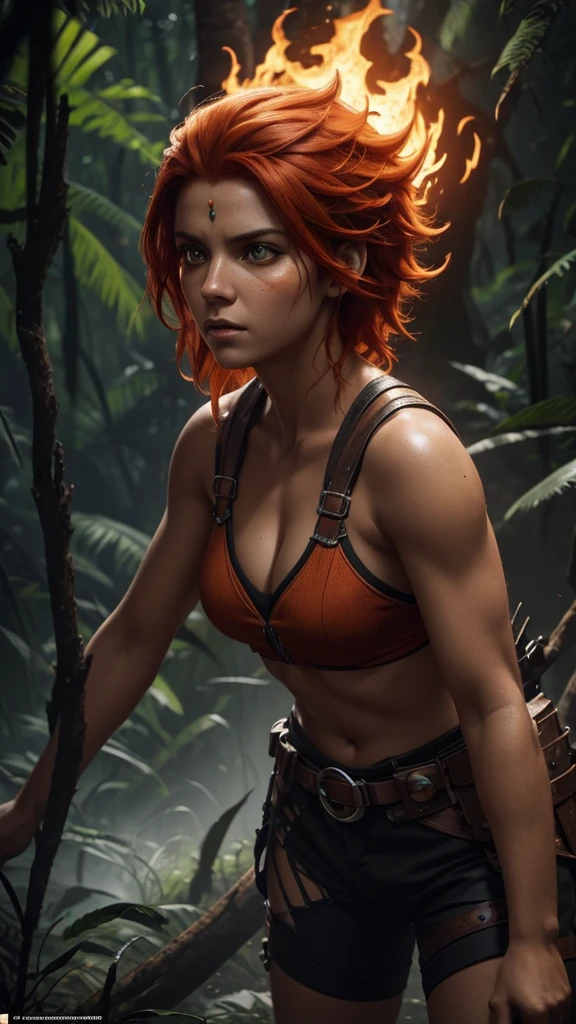 a small and agile curupira entity with fiery hair, bright eyes, and backwards feet, protecting the brazilian forest, detailed portrait, photorealistic, octane render, cinematic lighting, vivid colors, fantasy art, concept art