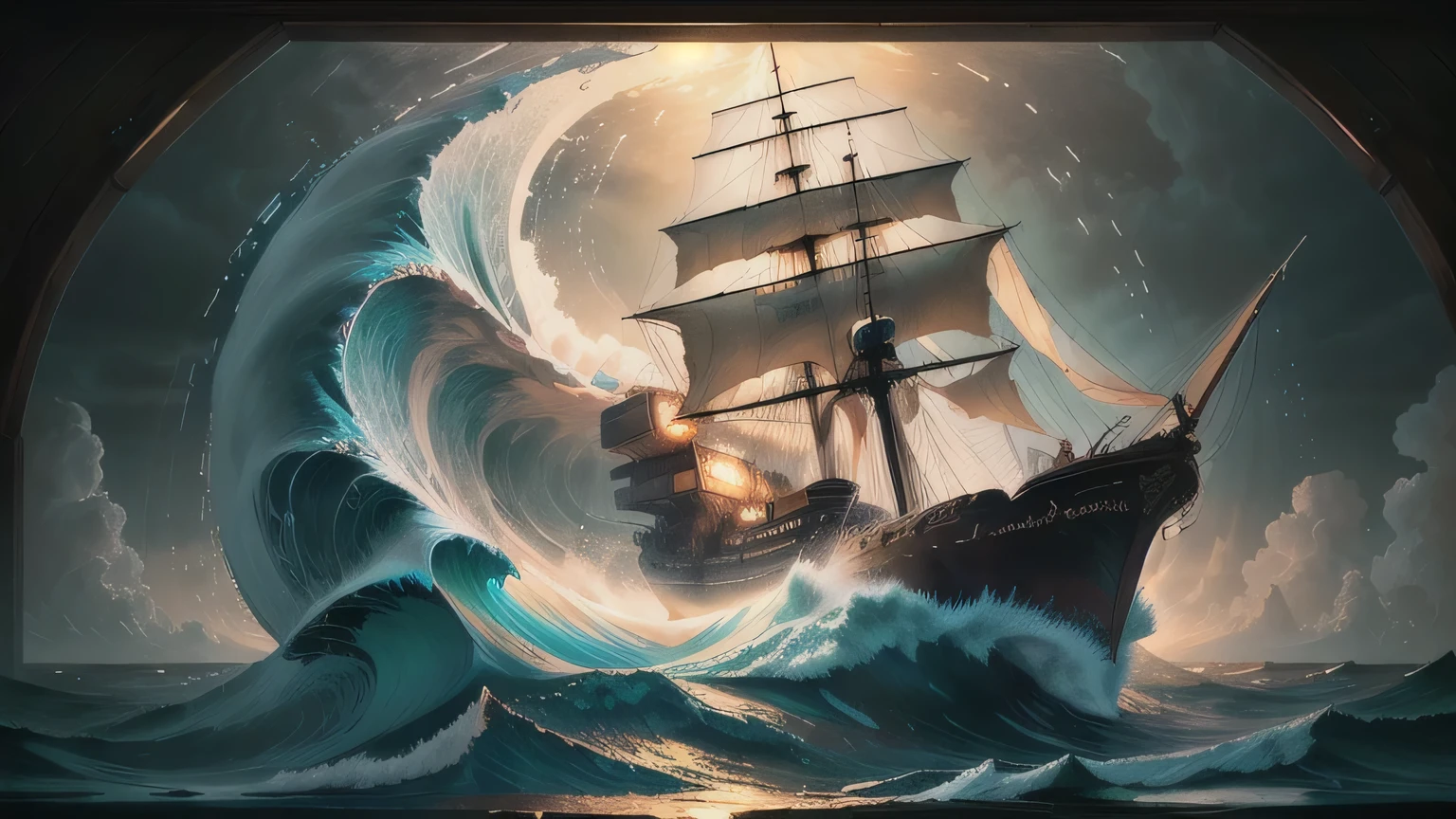 creates an image that reflects the biblical flood. A large wooden ship in the middle of the ocean. The weather is rainy and with high waves.  there are several windows around. A large door at the front of the ship. There&#39;s a dove with a branch flying over the storm.