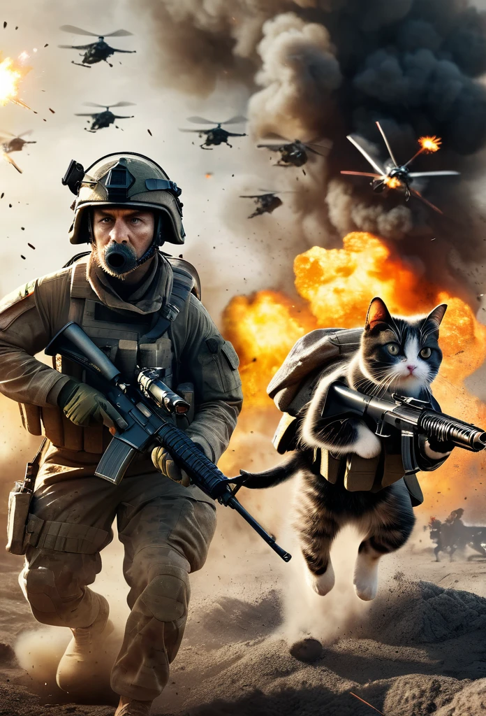 Cinematic, photorealistic, modern battlefield little dogs vs. humans, cats in modern camouflage combat uniform, battlefield combat, guns, shots, fire, smoke, explosion, flying parts, film grain, 8K, UHD, insanely detailed, image Award winning, epic composition, movie poster