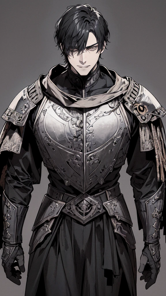 Best quality, (background_detail), high_contrast, detail_original_illustration, warrior, muscular, villain face, armored, full_body, medieval, crease between eyes, young man, man in 20s, dark_stitch_landscape, (dramatic_lighting:1. 25), (shaded_background:1.2), black_hair, (short black hair:) 1.1 ), Large figure, Delicate face, Evil smile, Sharp eyes, Black background, (Black background:1.5), Beautiful line drawing, Black and white