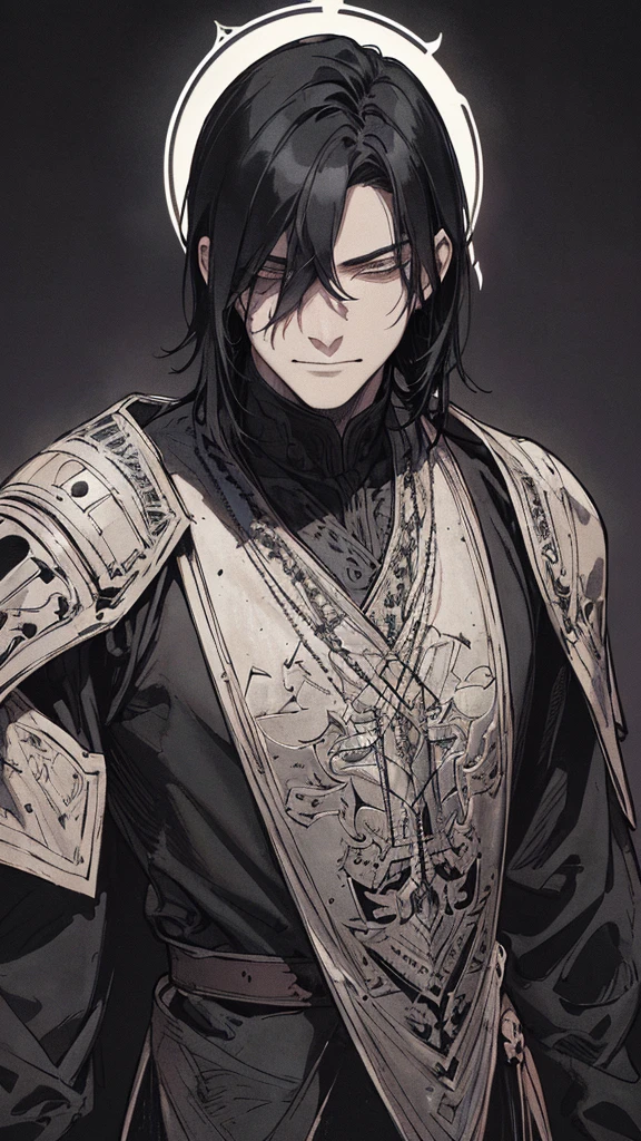 Best quality, (background_detail), high_contrast, detail_original_illustration, warrior, muscular, villain face, armored, full_body, medieval, crease between eyes, young man, man in 20s, dark_stitch_landscape, (dramatic_lighting:1. 25), (shaded_background:1.2), black_hair, (short black hair:) 1.1 ), Large figure, Delicate face, Evil smile, Sharp eyes, Black background, (Black background:1.5), Beautiful line drawing, Black and white