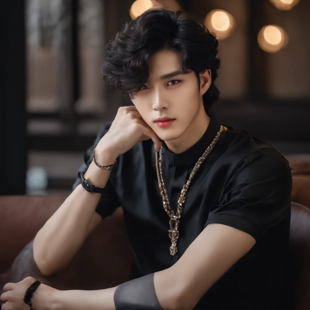 20 years old korean men with swallow perm hairstyle(black hair)hair, wearing black transparent shirt and elegant attractive eyes with modelic face , High quality