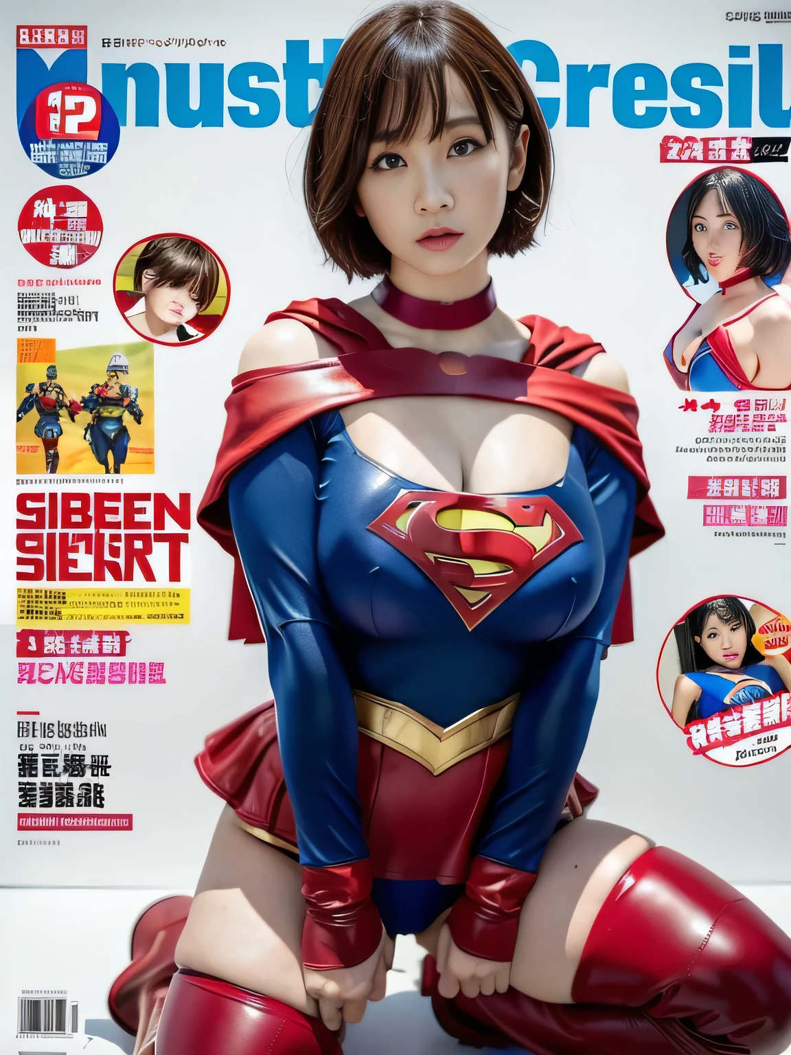 masterpiece、Rubber Supergirl Costume、short hair、Red rubber long boots、Big and ample breasts、looking at the camera、choker、Long sleeve、Cape、mini skirt、Off the shoulder、Sweaty skin、Hospital room、Photo magazine cover、Lean back、Beautiful thighs、Knee-length boots、wallpaper for pc、