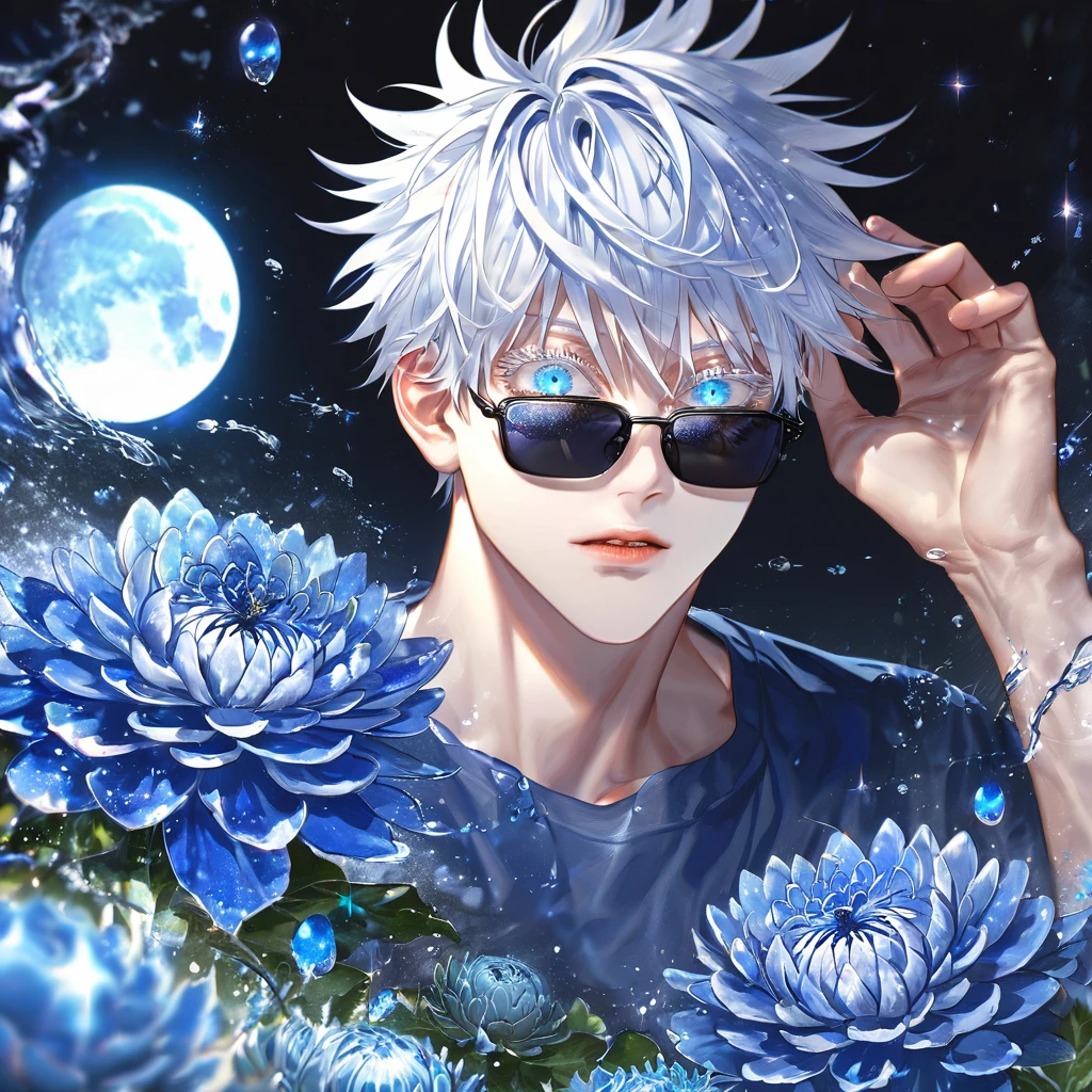 absurdres, highres, ultra detailed, HDR, master piece, best quality, extremely detailed, Gojou Satoru, white hair, black sunglasses, expressive blue eyes, white eyelashes, Jujutsu Kaisen, solo, sexy man, handsome, light blue shirt, fantasy, water, sparkling, blue glittering fireflies, blue moon, blue blossoms, blue chrysanthemums, blue sparkling lights, starry sky, magical