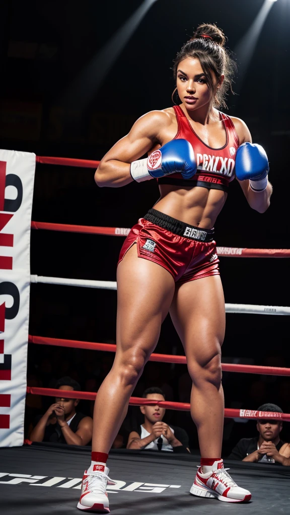 Beautiful young toned German blonde pornstar, Erika Eleniak, blue eyes, straight blonde hair, (cobalt-blue boxing shorts), (sexy boxing shorts), ((topless, exposed chest:1.3)), (boxing boots), thick muscular arms, toned abs, boxing gloves, intimidating pose in a boxing ring, (full body portrait:1.3), firm round breasts,