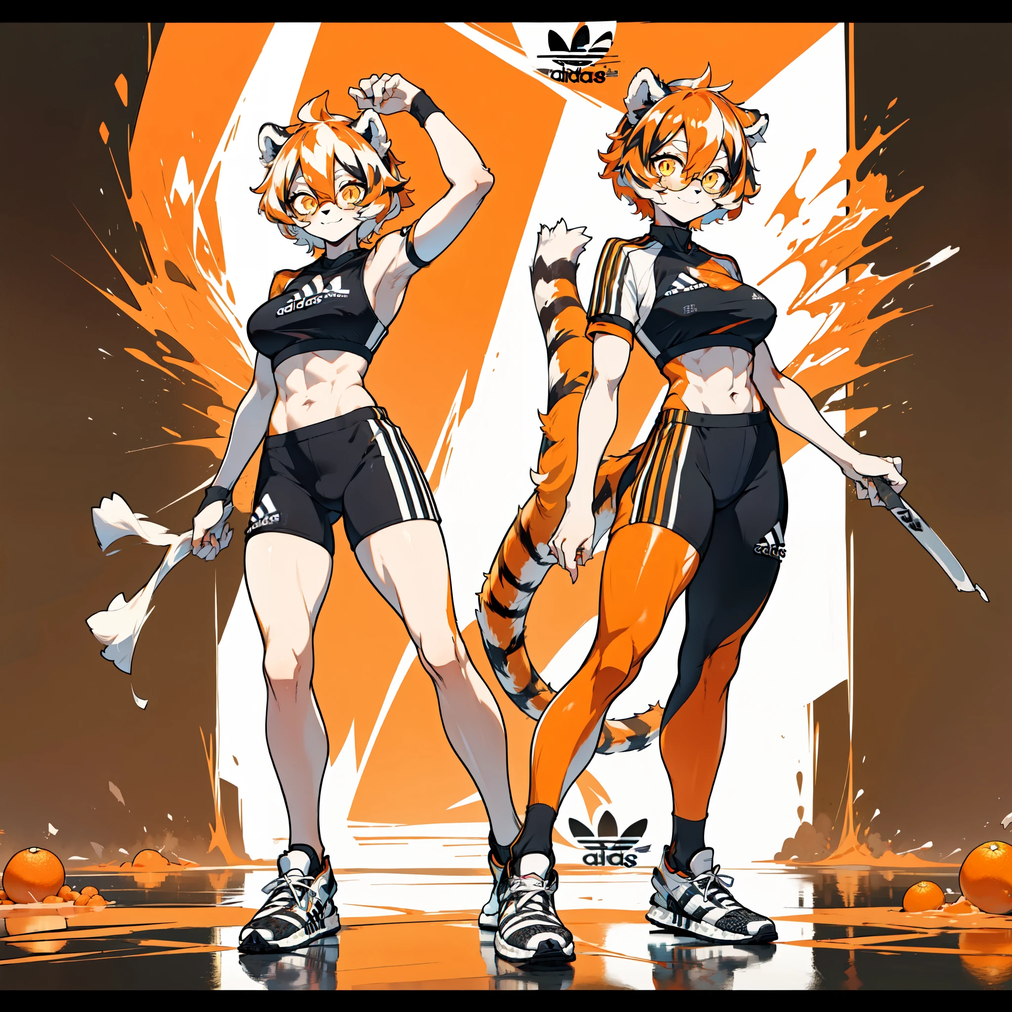 white background, full body, ((furry female:1.2)), Standing, animal ears, white hair, black hair, short hair, large breasts, muscle, tail, orange eyes, orange hair, multicolored hair, tiger girl, hair between eyes, tiger_ears, tiger_tail, orange-tinted_eyewear, tinted_eyewear, big breasts, evil smile, Shadows under feet, Abdominal muscles, (((Adidas outfit:1.2))),jk