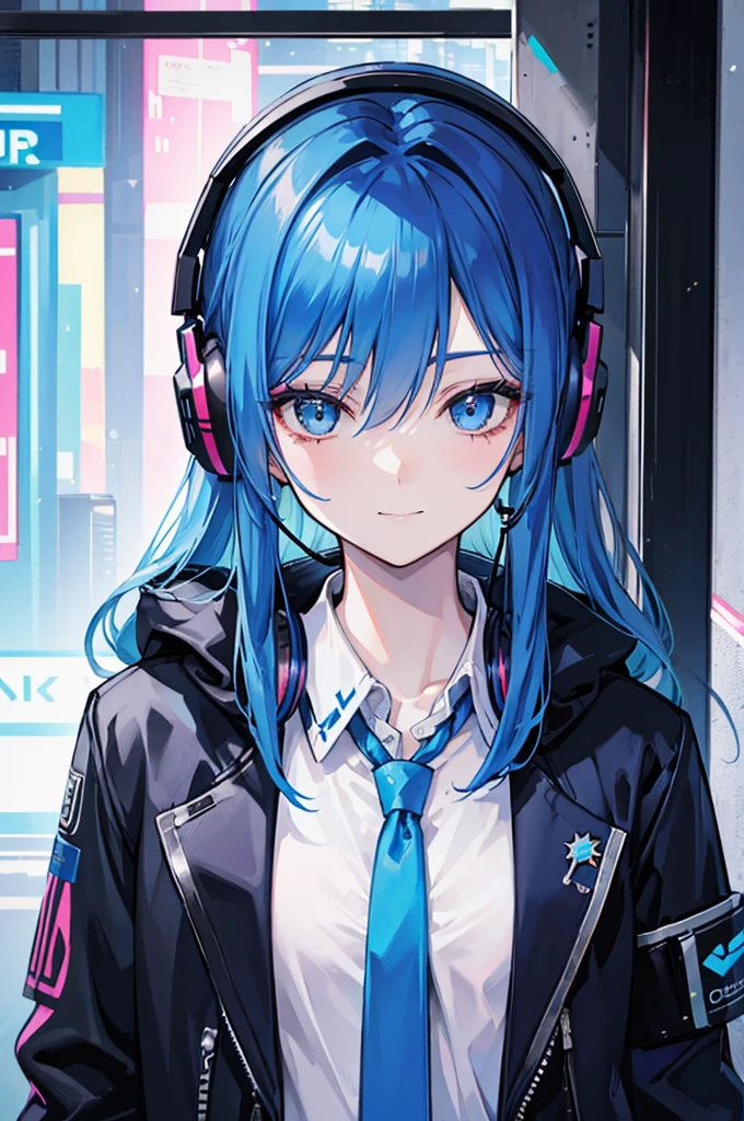 blue hair, long hair, portrait, casual, girl, candid cool, shirt, small smile, necktie, charisma, cyberpunk jacket, c cup, headphones around the neck