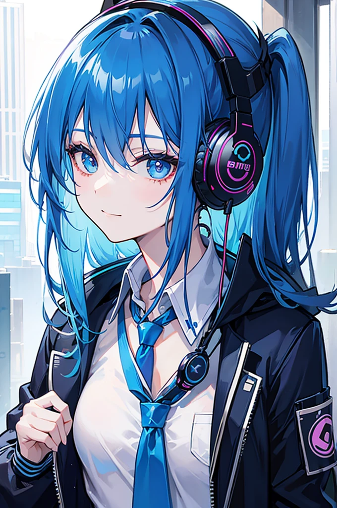blue hair, long hair, portrait, casual, girl, candid cool, shirt, small smile, necktie, charisma, cyberpunk jacket, c cup, headphones around the neck