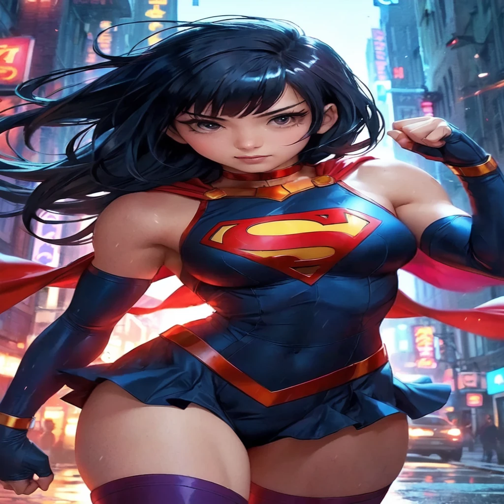 a woman in a superman costume standing in the rain,