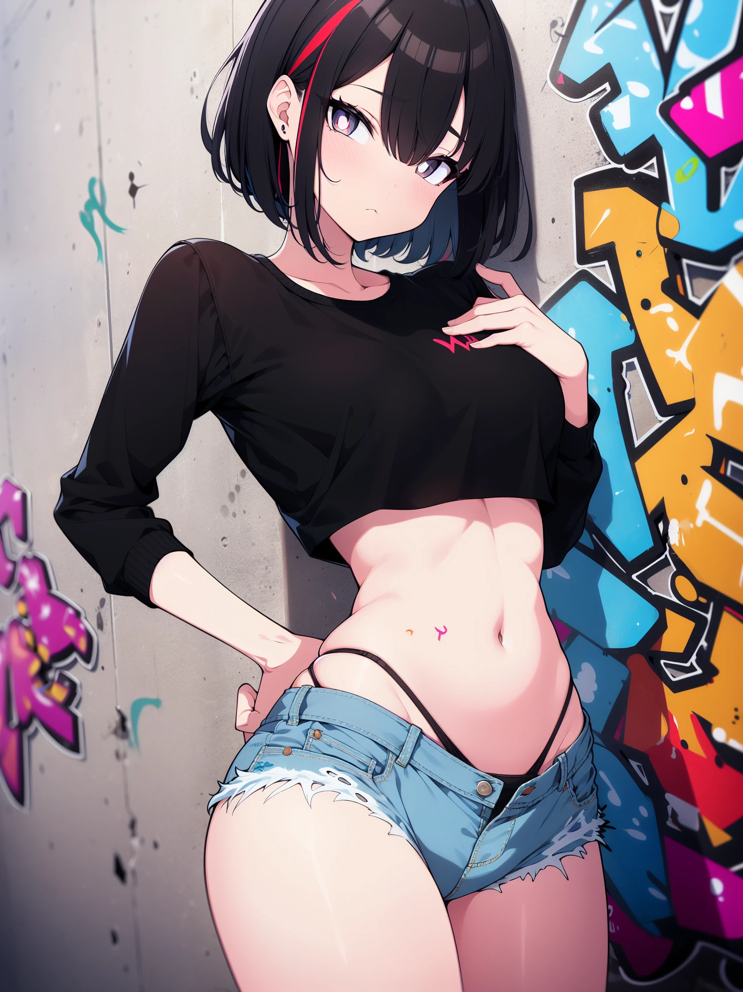 (cowboy shot), (best quality, ultra-high resolution, depth of field:1.2), adult, 1woman, toned body, medium breasts, wide hips, solo, black hair, streaked hair, short hair, bangs, black crop top, bikini underwear, (highleg bikini:1.4), denim jeans, (graffiti:1.4), paint-stained clothes, slouching, against wall, looking at viewer, upturned eyes, head tilt, bored, hands behind back