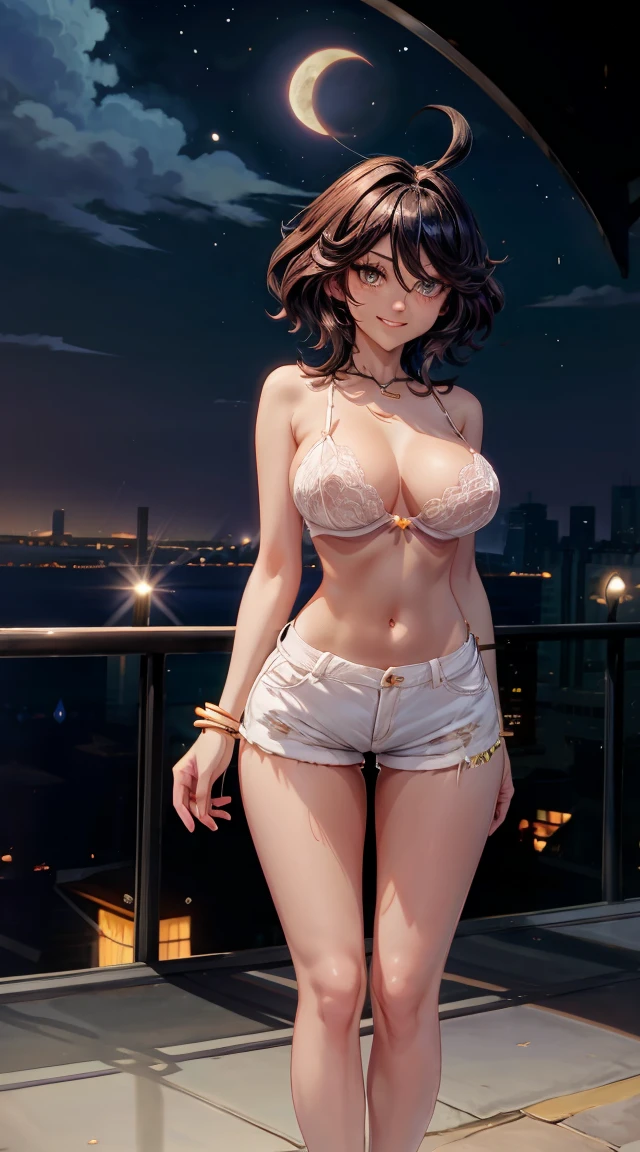 1girl, anime girl, anime, (dark skin), 2d girl, 16y, (fullbody), standing, anime girl, black eyes, (heart-shaped pupils), seductive grin, (ahoge, long hair, hime-cut hair, black hair), ((nipleless white bra, areolae, areola, areola exposed)), Solo, Slim, large breasts, big ,big Breasts, sfw, Tight Shorts, low waist shorts, upshorts, The night city background, moon, city lights, stars in the sky, looking at viewer, darker shadows, (((explicit))), (((shorts))), (((absurdres))), (((thigh gap))), cameltoe, (((cameltoe))), (((cleft of venus))), (((lowleg shorts))),