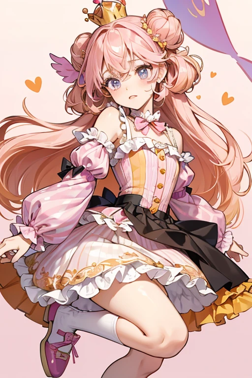 Nutmeg is a pale pink-skinned girl with rosy-pale cheeks and a small heart ink on her left eye. Her hair is a pink and orange. She has mostly straight bangs with a few loose curls and messily mixed curled buns on the upper parts of her head. She wears a tall golden crown. Both of her arms are light pink, though the right one has tiny spots on it.
Nutmeg wears a dress consisting of a pastel pink and purple striped top with a single pink on and white ruffled neck. The right sleeve is orange and the left is darkest pink. The skirt of the dress has multiple ruffles and orange layers, alongside black nylon ruffled lining. Her left leg is pink with pastel purple stripes, wearing a yellow-orange and pink bow shoe, while the right leg is yellow with more black tiny spots, wearing a pink shoe with orange bow. SPARKLE; GLITTER