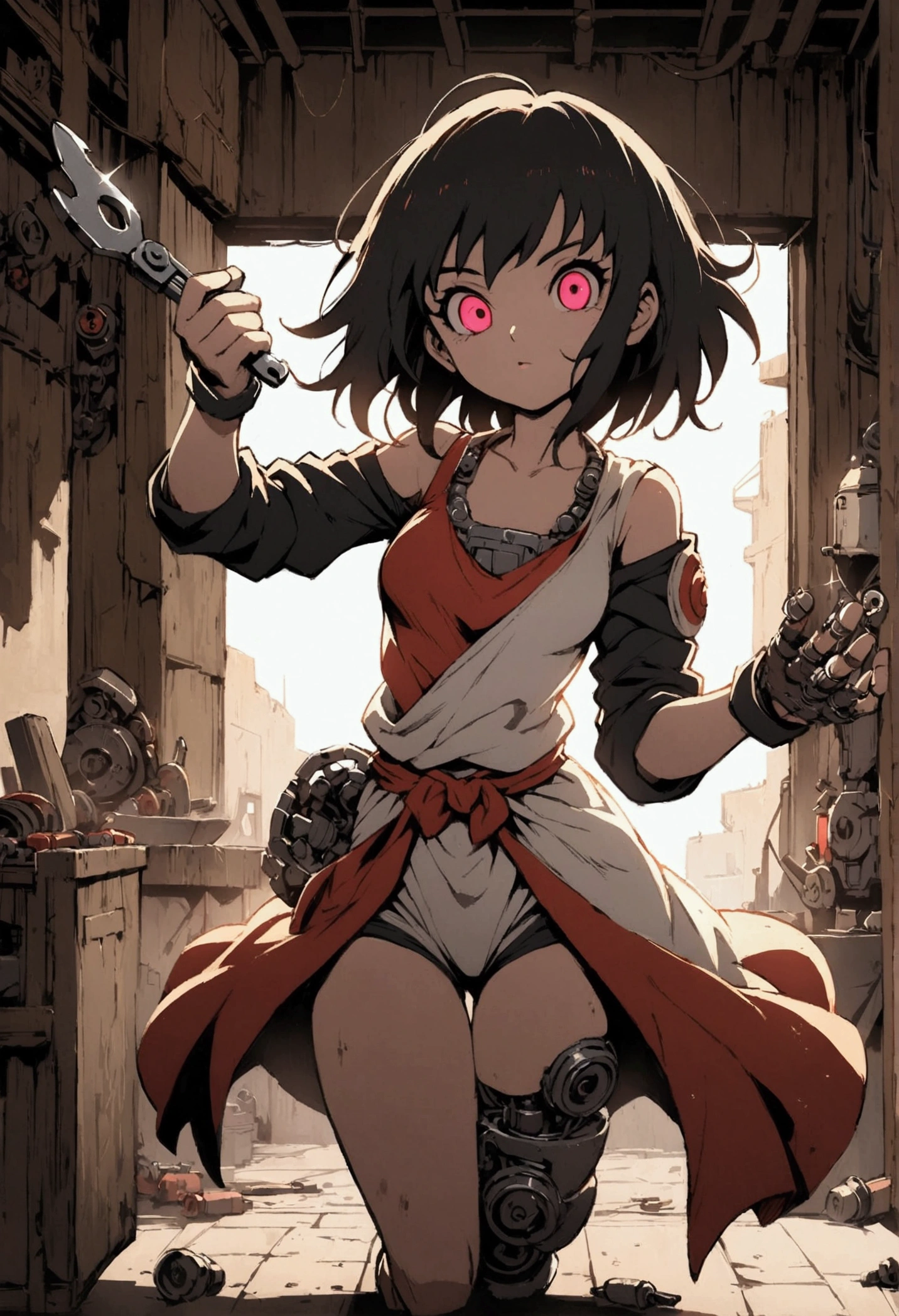 Anime-style illustration, Naruto + Arlequina teen girl dbz with blak red oversized clothing, merging as a mechanic with robotic parts interspersed within his human form, dynamic pose wrench in hand, workshop background cluttered with machinery, oil stains, dimly lit with flickering fluorescent lights, high contrast shadows, vivid colors, intricate detailing of mechanical components, digital painting., Mysterious