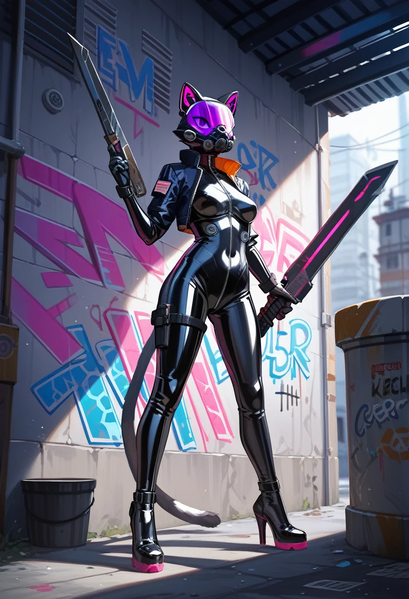 animation, Highest quality, Highest quality, High quality illustrations, masterpiece, Ultra-high resolution, Detailed Background, Alley, night, Graffiti art on the wall, Absurd, Perfect Anatomy, performance, Good lighting, Shadows in the movies(kemono, Furry PersonifiCation), Cat, woman, Black Skin, Rubber suit, latex, neon, neonライト, neonカラー, Bodysuits, Cyber Suit, Mech Suit, Rubber Half Jacket, cyber punk, Blade Runner, Holding a blade, Rubber Mask