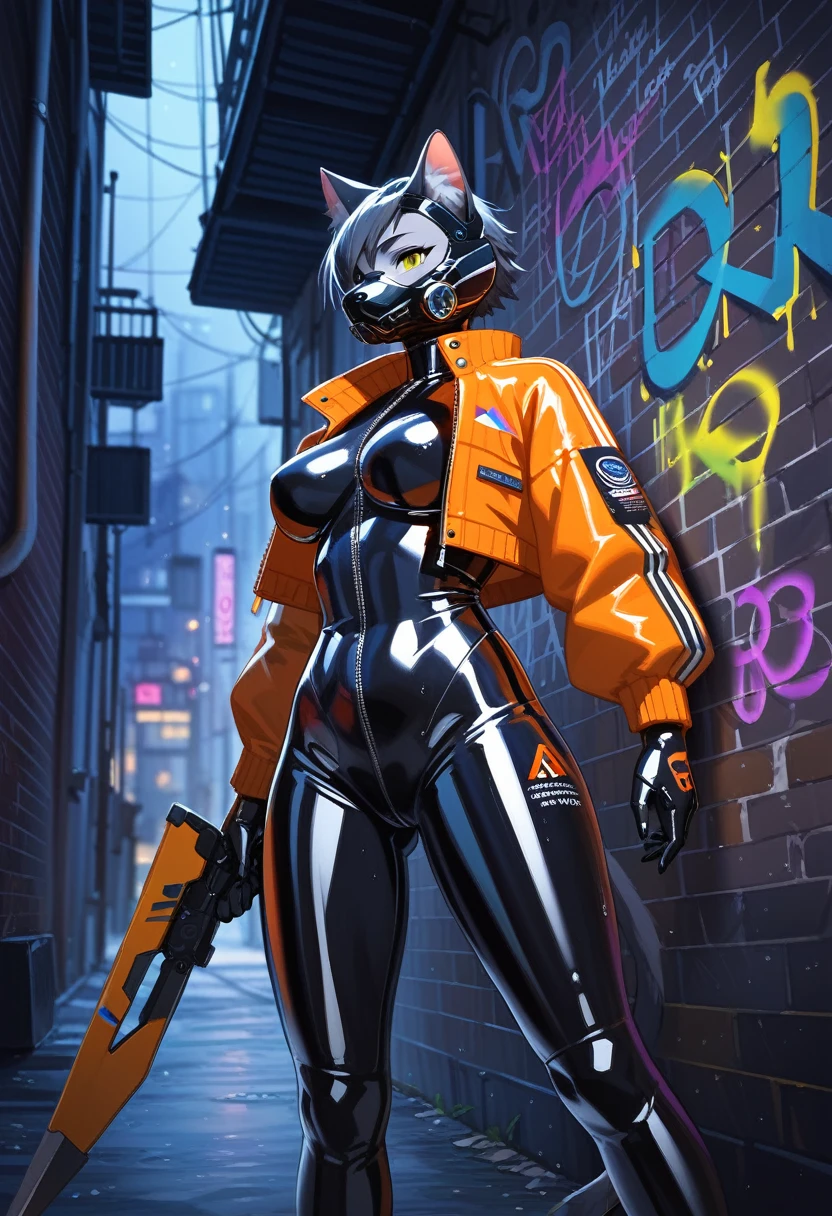 animation, Highest quality, Highest quality, High quality illustrations, masterpiece, Ultra-high resolution, Detailed Background, Alley, night, Graffiti art on the wall, Absurd, Perfect Anatomy, performance, Good lighting, Shadows in the movies(kemono, Furry PersonifiCation), Cat, woman, Black Skin, Rubber suit, latex, neon, neonライト, neonカラー, Bodysuits, Cyber Suit, Mech Suit, Rubber Half Jacket, cyber punk, Blade Runner, Holding a blade, Rubber Mask