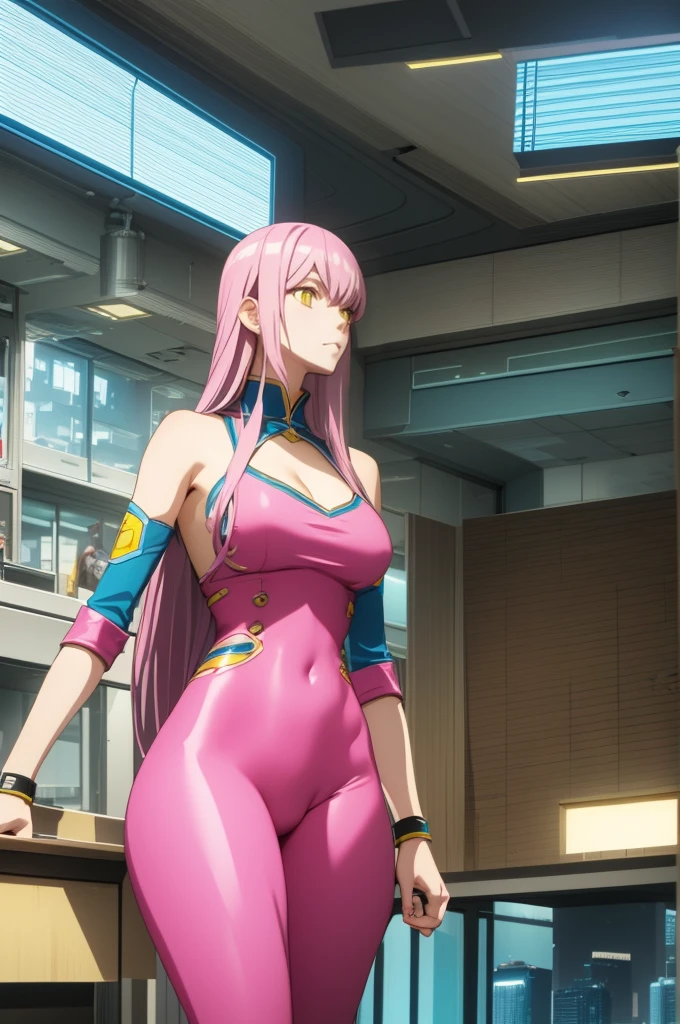 Masterpiece, concept art, cowboy shot, centered, 1girl, long blue wavy hair, hime cut, blunt bang, pink skin tight suit, cyberpunk theme, yellow eyes, epic composition, epic proportion, cyberpunk cafe interior, 8K