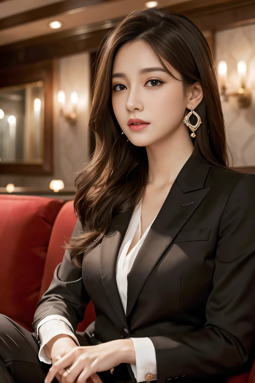 masterpiece, Highest quality, Realistic, Very detailed, Finer details, High resolution, 8k wallpaper, One beautiful woman, Wear a nice suit, In a great restaurant, At night, Light brown messy hair, Perfect dynamic composition, Beautiful and beautiful eyes、Big earrings、Sit on the sofa、