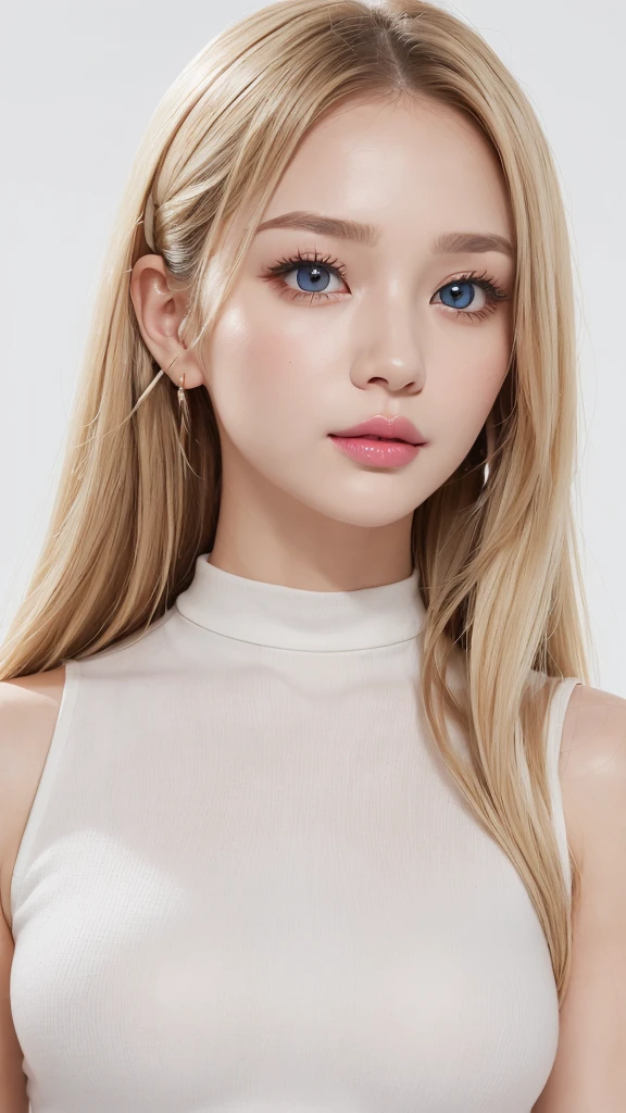 (((White background、rim light、lighting forward、High neck sleeveless、forehead、White Blonde、Blonde、White Background、whole body、Up to the waist、Upper body close-up)))、Northern Europe、Russia、beautiful girl、Platinum Blonde Hair、Straight Long Hair、Big Blue Eyes、Northern Europeの若者、Glowing Skin、Young and beautiful skin、A perfect and beautiful little face、Bright makeup、Pale pink lips、Bright expression、lipstick、Intricate details、High resolution、 Detailed features of face design、Big Breasts、face-friendly lighting