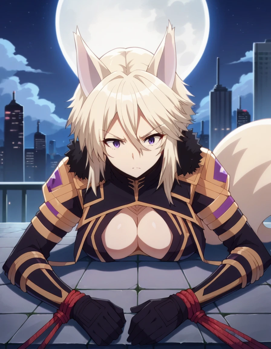 score_9, score_8_superior, score_7_superior, sauce_anime,
shadowZeta, Zeta, Animal ears, Purple eyes, Blonde,
gloves, Cleavage, tail, black gloves, Clothing cutouts, Cleavage cutout,
Outdoor, Cityscape, night, moon,Tied up with rope,Lying down,Struggling,