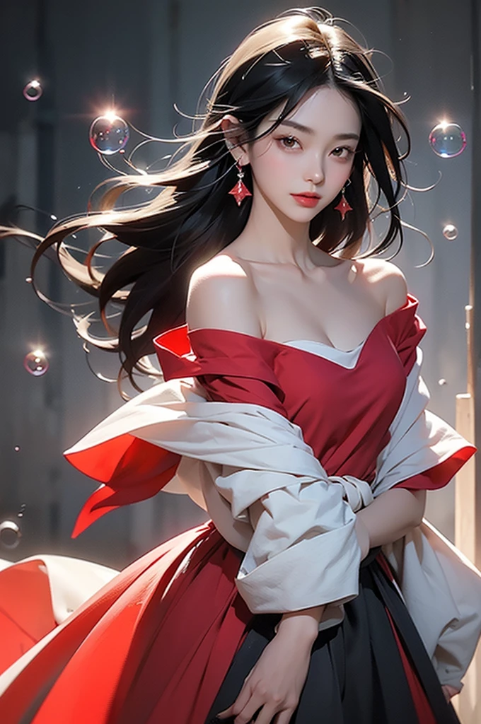 r1ge,1 Girl,Black Hair,Long hair,Off-shoulder连衣裙,(Red Dress:0.9),cleveage,Jewelry,earrings,裸Off-shoulder膀,(Off-shoulder:1.1),Rose,Colorful flowers,clavicle,Luminescence,Flying debris,magic,Halo,vitality,((Colorful bubbles)),(floating),Detailed lighting,