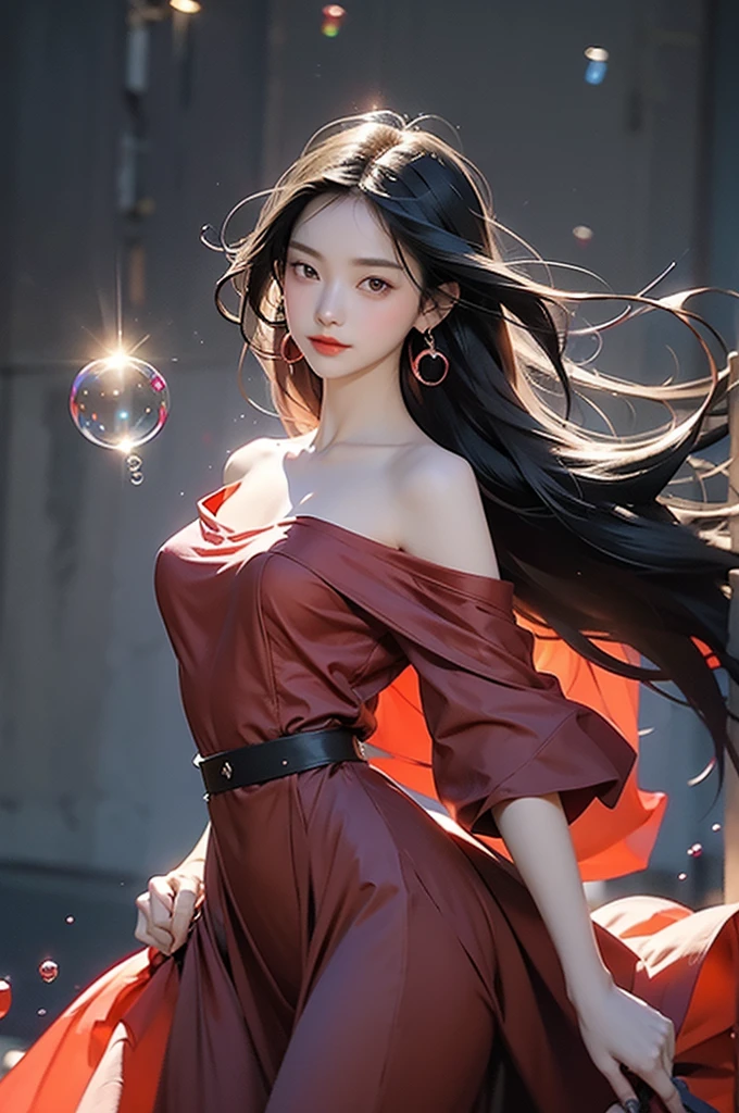 r1ge,1 Girl,Black Hair,Long hair,Off-shoulder连衣裙,(Red Dress:0.9),cleveage,Jewelry,earrings,裸Off-shoulder膀,(Off-shoulder:1.1),Rose,Colorful flowers,clavicle,Luminescence,Flying debris,magic,Halo,vitality,((Colorful bubbles)),(floating),Detailed lighting,