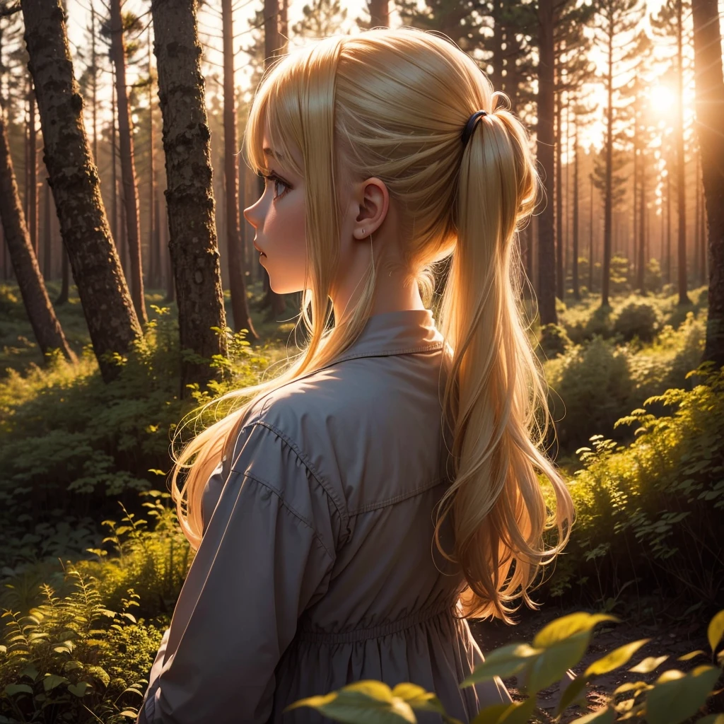 Blonde girl with ponytails looking at the sky in a forest sitting in a forest at sunset 