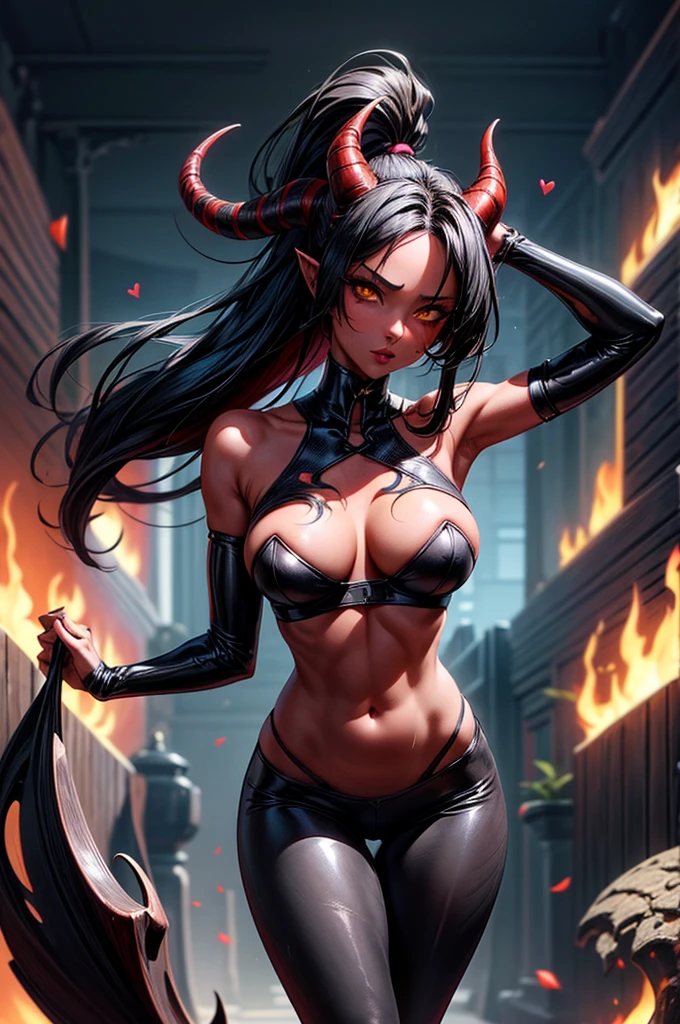 masterpiece, super detailed, high resolution, precision art, highly seductive anime girl. sexy and alluring, flawless red demonic skin, succubus, symmetrical face, beautiful olive eyes, flowing black hair, her very presence oozes seduction and allure, S-shaped body, black onyx colored horns jutting out her forehead, heart shaped tail protruding from her back, sexy and arousing slim body with enticing breasts, intricate and beautiful heart shaped tattoo engraved on her stomach, wearing crop-top and form-fitting leggings that accentuate her round ass, hip-level shot