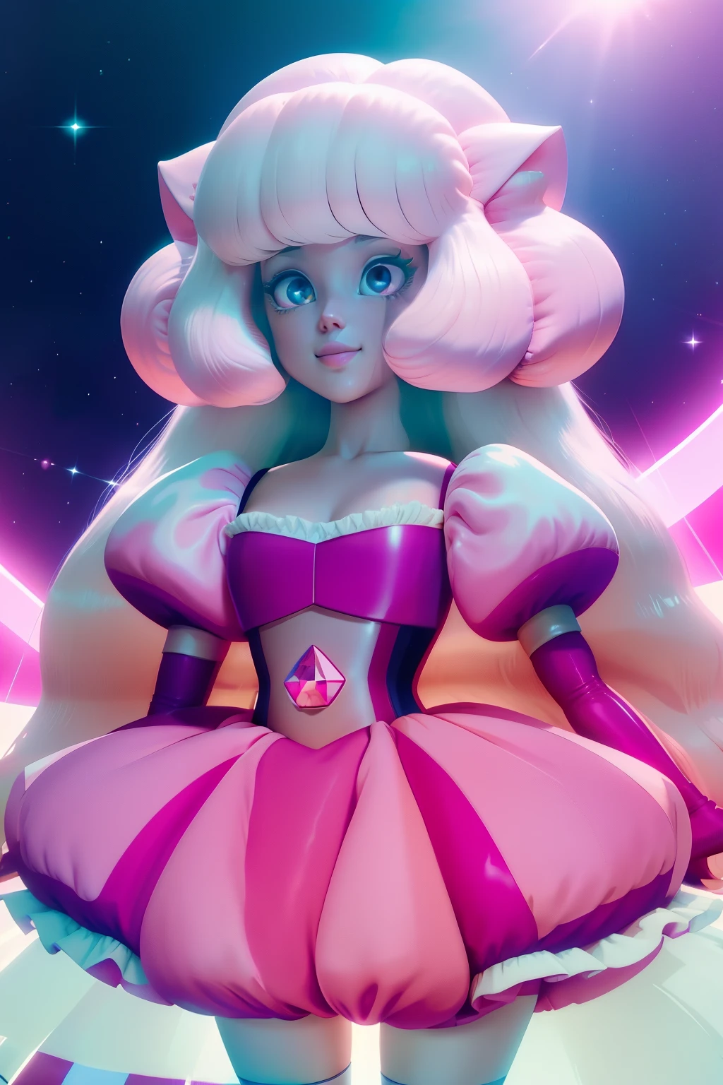 pnkdamond, pink hair, pink eyes, big hair, stomach gem, pink skin, toned,
puffy short sleeves, elbow gloves , white thighhighs, puffy dress,
standing, upper body,
outerspace,
(insanely detailed, beautiful detailed face,beautiful detailed eyes, masterpiece, best quality) cinematic lighting, smile,