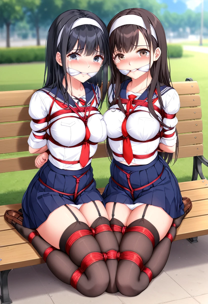 (very detailed CG 통일성 8k), (best quality),(very detailed),(ultra high resolution), 1 woman, white cloth gag, Uniform, sailor suit, rope bondage, breasts rope bondage, hands back rope bondage, leg rope bondage, thigh rope bondage, (bust rope bondage:1.4), feet rope bondage, arms behind waist, bound wrists, tie your ankles, gag with a white cloth, dark blue skirt, Park benches, blindfolded, Legs together, tie your ankles, black hair, High school girls, (black stockings:1.4), Black garter belt, Brown loafers, Crying face, (White headband:1.4), blurred background,
