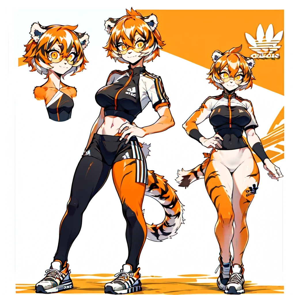 white background, full body, ((furry female:1.2)), Standing, animal ears, white hair, black hair, short hair, large breasts, muscle, tail, orange eyes, orange hair, multicolored hair, tiger girl, hair between eyes, tiger_ears, tiger_tail, orange-tinted_eyewear, tinted_eyewear, big breasts, evil smile, Shadows under feet, Abdominal muscles, (((Adidas outfit:1.2))),jk style
bags under eyes,eyeliner,makeup