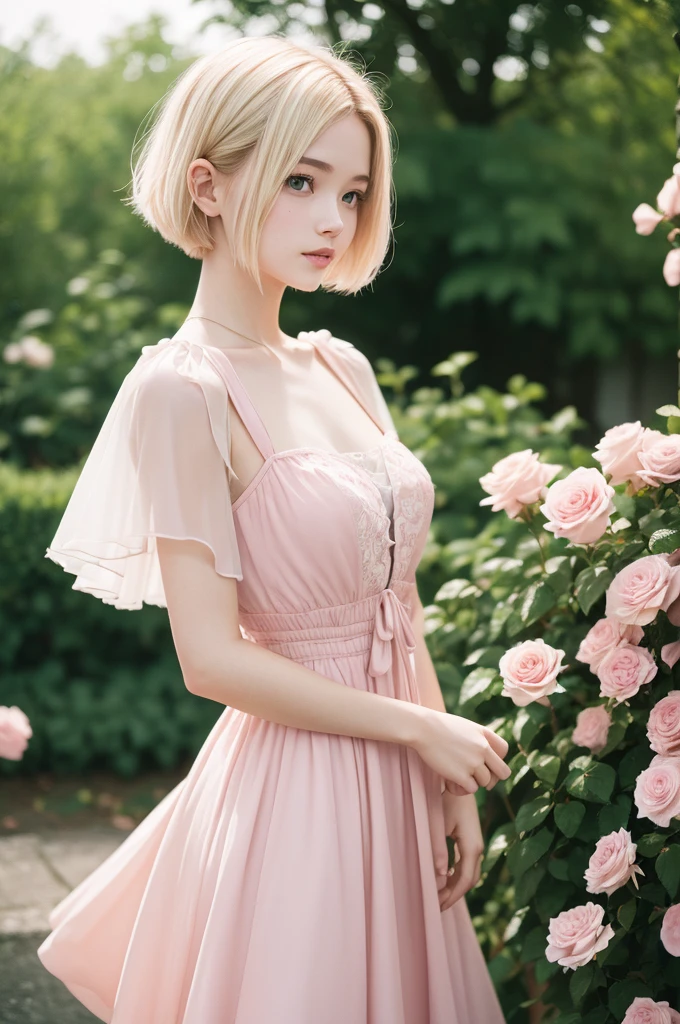 8k, CRU photo, Fujifilm, style photo of a beautiful young woman like Avril in a light pink rose garden (highly detailed skin: 1.2) Style-Petal BREAK short hair, blonde hair with colored highlights, wearing a dress, film grain, 35mm, cute style