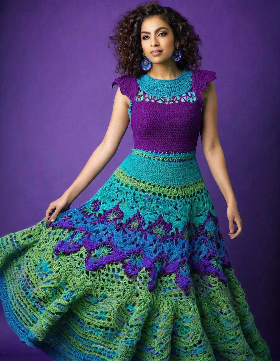 a woman wearing a blue and green crocheted top with a purple background, an album cover inspired by Ambreen Butt, pinterest contest winner, process art, intricate fantasy dress, intricate dress, colorful dress, full covered dress, renaissance colorful dress, blue swirling dress, intricate gown, stylish dress, bright yet cool colors, intricate clothes, beautiful clothes, wearing amazing clothes