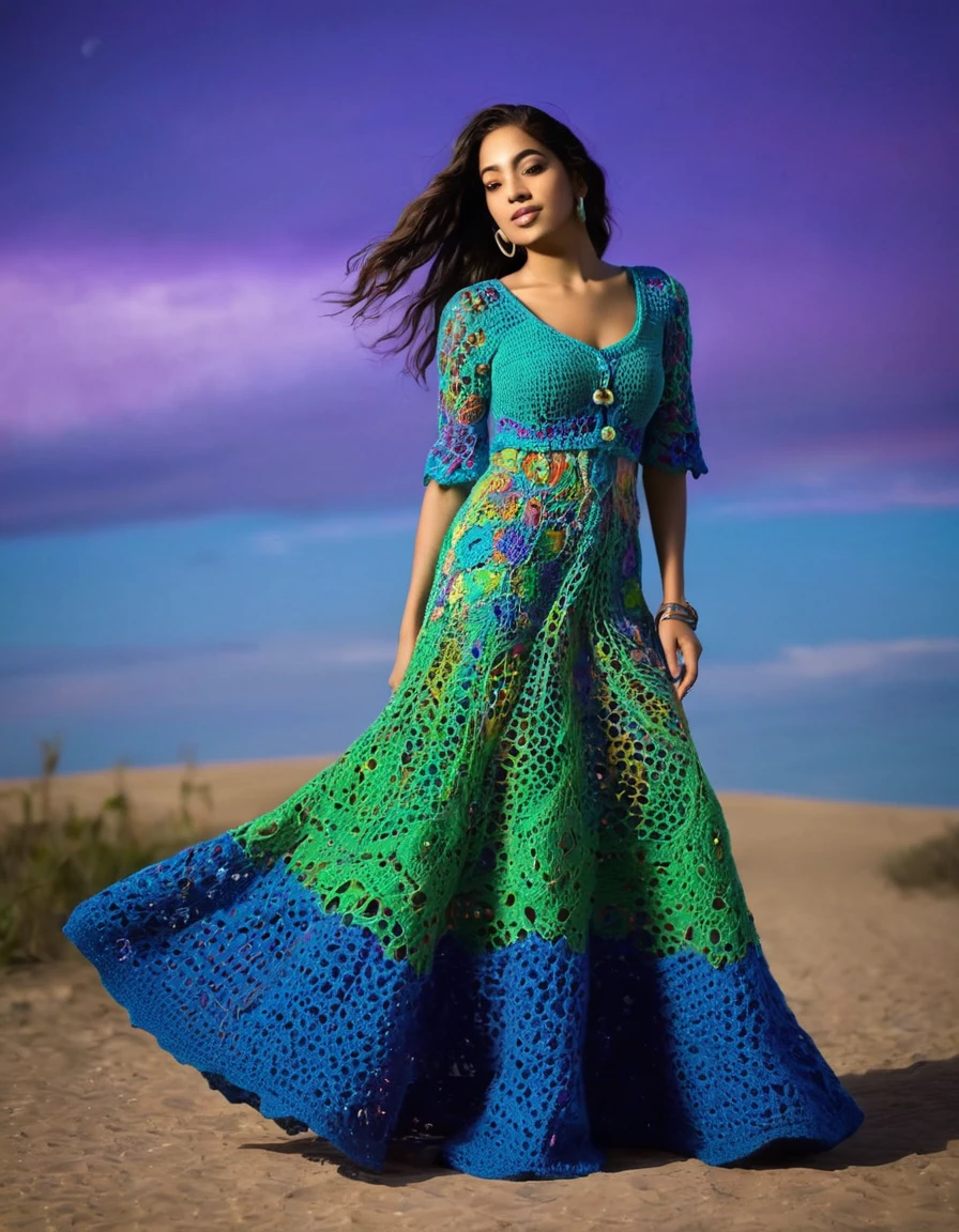 a woman wearing a blue and green crocheted top with a purple background, an album cover inspired by Ambreen Butt, pinterest contest winner, process art, intricate fantasy dress, intricate dress, colorful dress, full covered dress, renaissance colorful dress, blue swirling dress, intricate gown, stylish dress, bright yet cool colors, intricate clothes, beautiful clothes, wearing amazing clothes