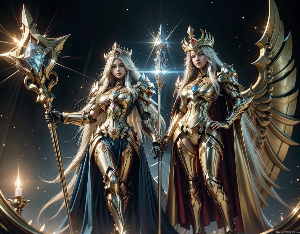 women attractive face beautiful full body, legs thick, hips. goddess with long white hair, ultra detailed eyes, on your head golden crown, wearing a blue suit of iron home style paladin powers, futurist. Armadura templária com detaileds de ouro fino, one in one hand holding a staff with large shining crystal at the tip of the staff, detaileds: 1.2) 4K Ultra HD, slr digital, soft lighting, high qualiy