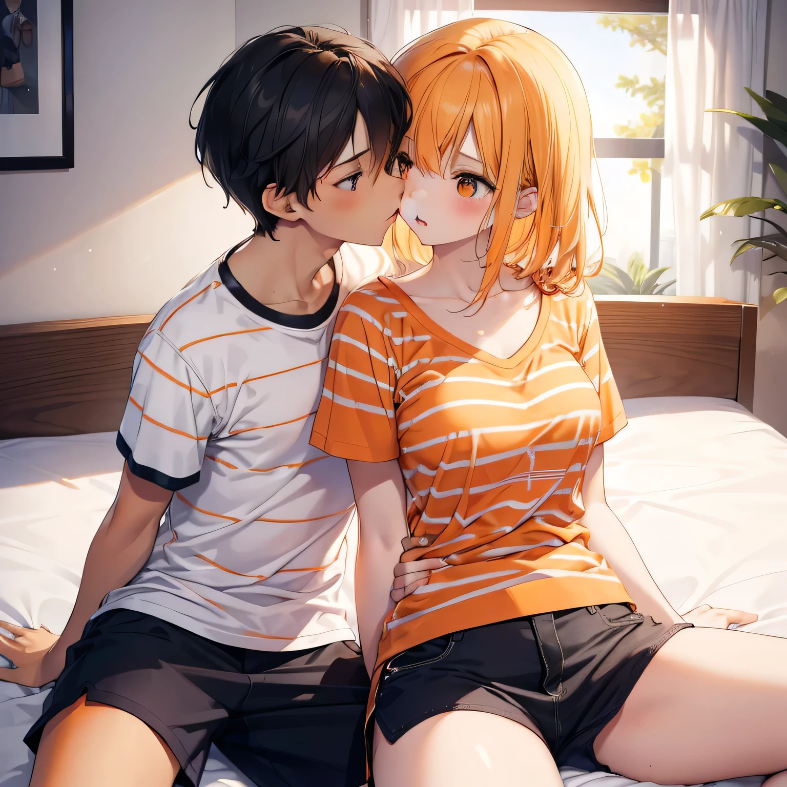 Amazing portrait of a young woman wearing white and orange striped t shirt and orange shorts and young boy wearing a navy blue t shirt and black shorts sitting on a bed together and kissing and making out passionately in a sexy and hot and lustful setting