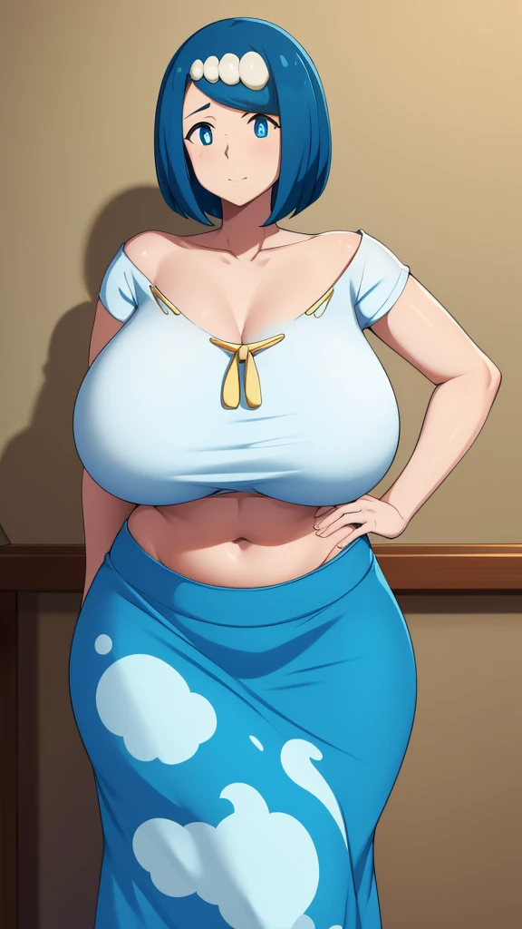 A sexy Hawaiian girl, beautiful, big breast, beautiful, bright blue hair, round cut, her blue eye, she wears a white shirt, shows her navel, and a long blue skirt.