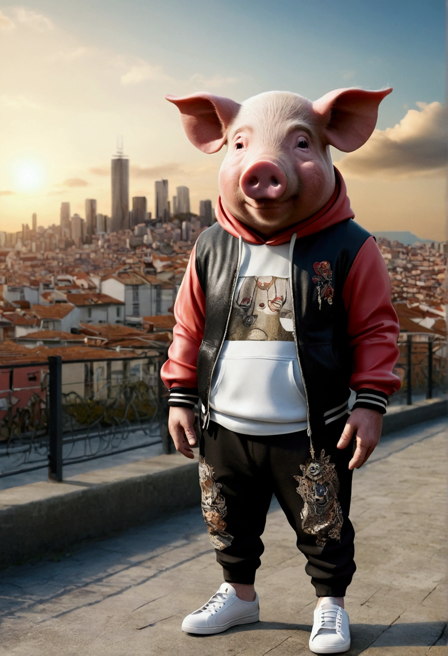 ((foto crua)), ((obra-prima)), Anthropomorphic humanoid pig wearing modern clothes, capuz, Pants, caminhando furiosamente entre as pessoas, detalhe intrincado, intricate Greebles pieces, city behind, small head, Ogro monstruoso, Titan, sneaker, soft-lighting, 32k, Hiper realista, The background details are exquisite,The scene is surreal,Create a charming graphic style